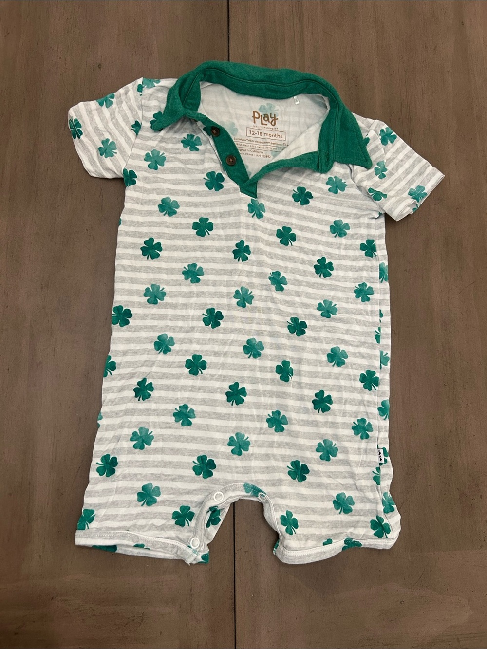 Little Sleepies Play Green Clover Striped Baby Bodysuit 12-18M Bamboo